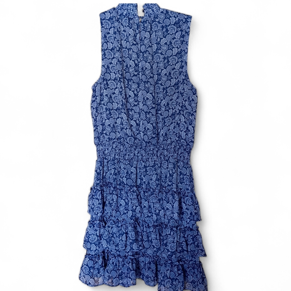 EUC 1. STATE Blue Floral High Neck Sleeveless Ruffle Smocked‎ Dress Size L - Picture 2 of 7